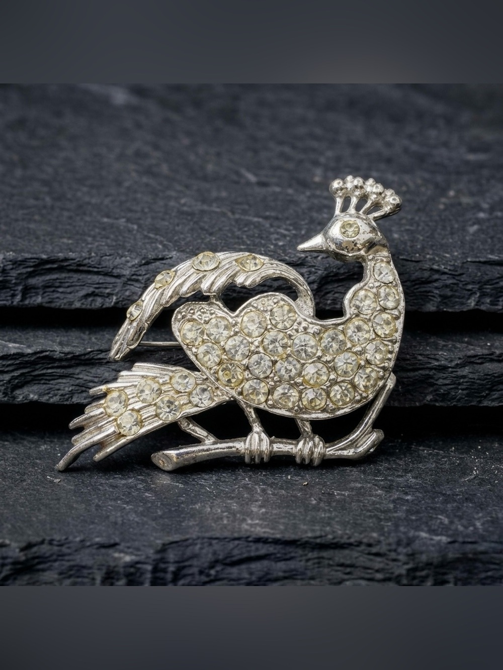 Vintage 60s Silver Tone Clear Rhinestone Novelty Bird Sitting Peacock Brooch
